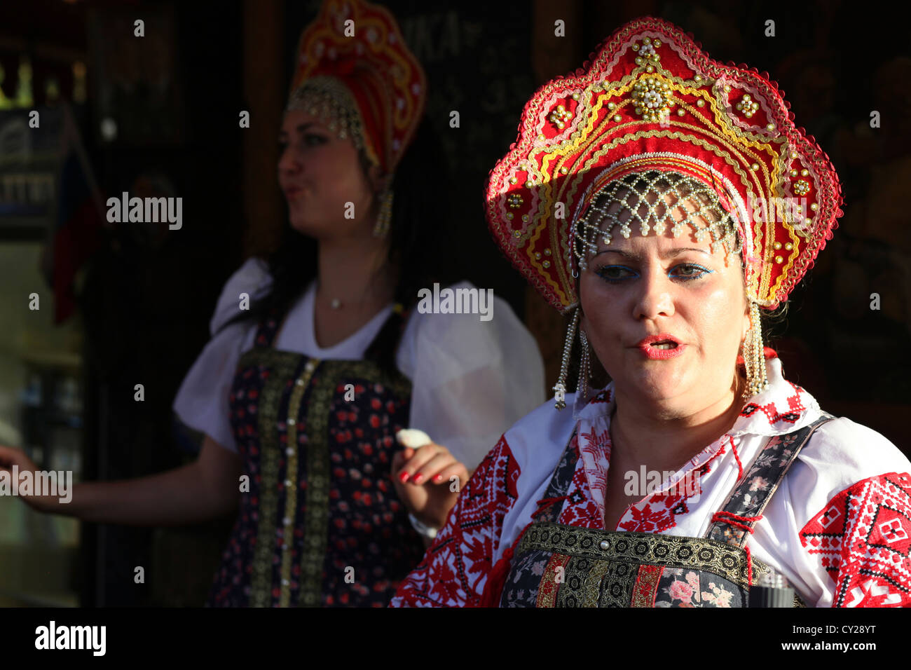 Ukrainian women celebrating a feast in Vyshyvanka, a traditional clothing which contains elements of Ukrainian ethnic embroidery Stock Photo