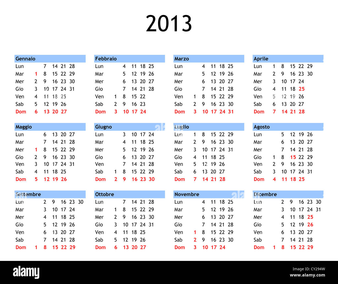 Single page year 2013 calendar in Italian with public and bank
