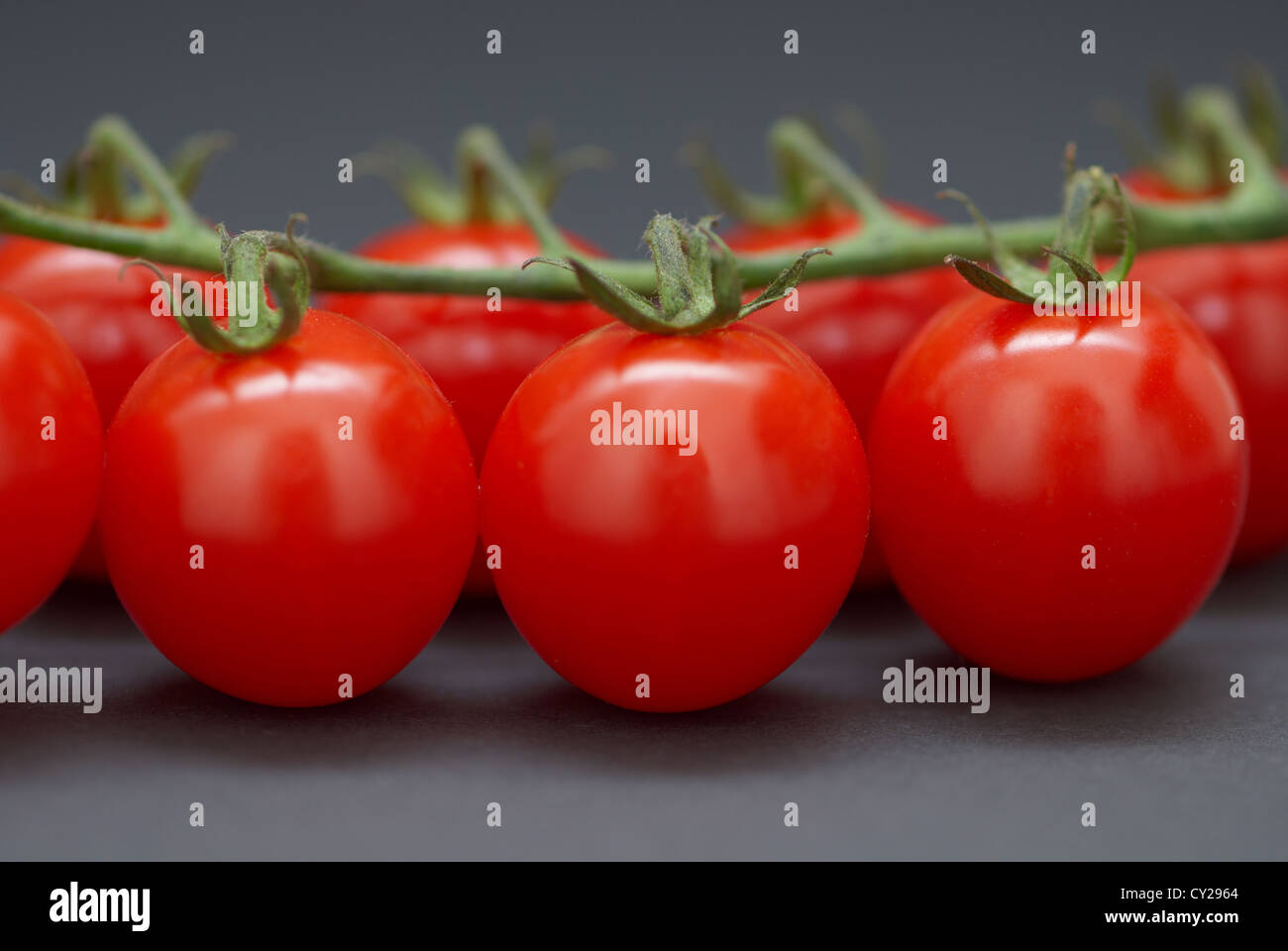 A branch of cherry tomatoes on a black background Stock Photo - Alamy