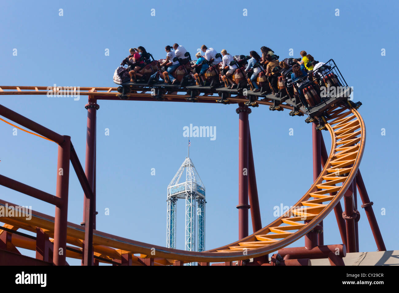Knotts Berry Farm, California, USA. Roller coaster with Supreme Scream drop tower in background. Stock Photo