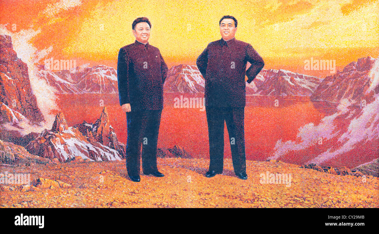 Patriotic Mural of Kim Il-Sung and Kim Jong-Il, Pyongyang North Korea Stock Photo