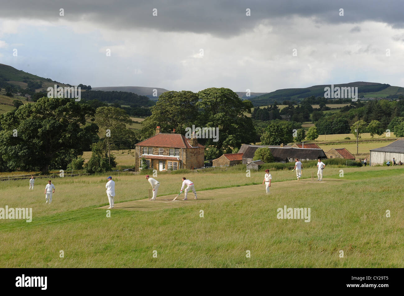 cricket match at spout house, the sun inn in bilsdale, north yorkshire Stock Photo