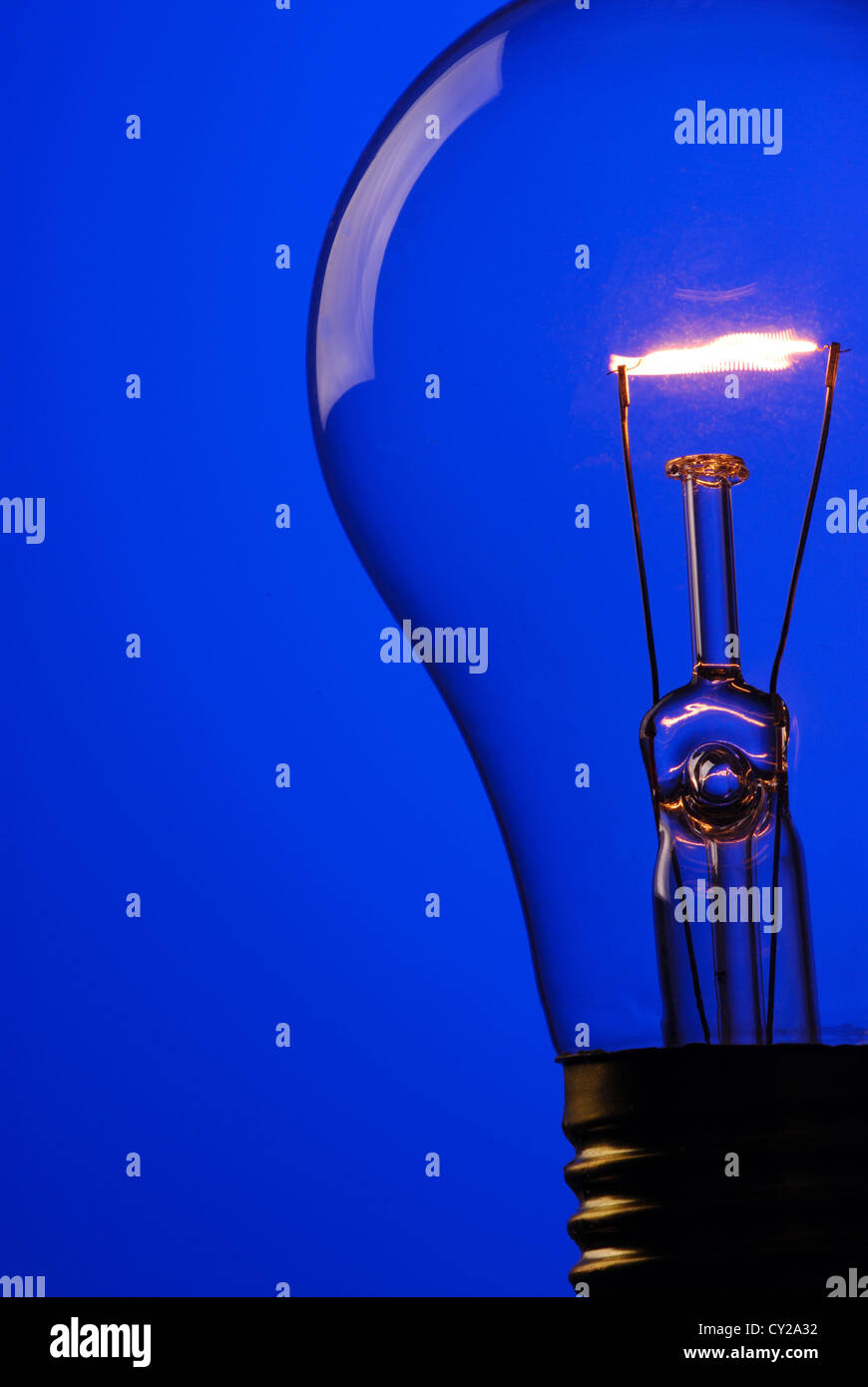 A full page macro of a light bulb on an electric blue background. Stock Photo