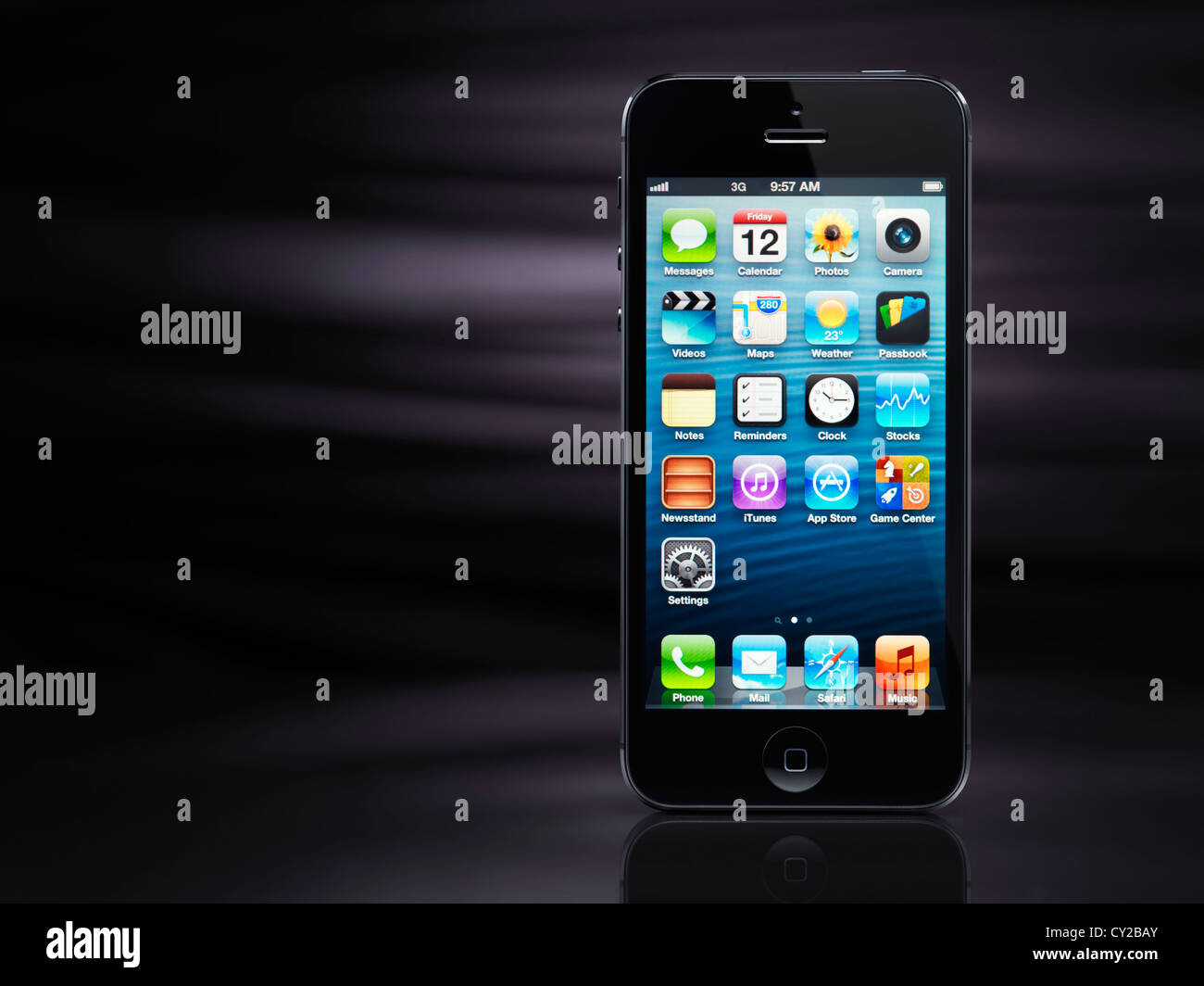 Apple iPhone 5 black smartphone isolated on stylish black background with copy space Stock Photo