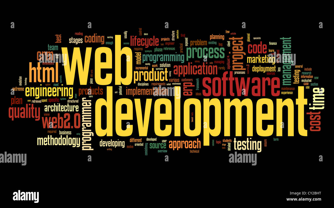 Web development concept in word tag cloud on black background Stock Photo -  Alamy