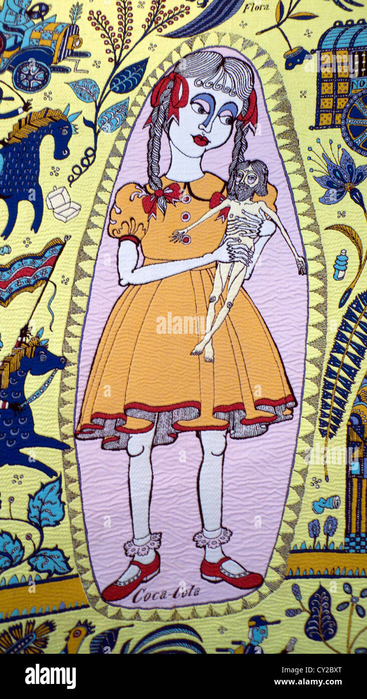 Grayson Perry Walthamstow Tapestry detail of a young girl holding a figure at exhibition in London England UK   KATHY DEWITT Stock Photo