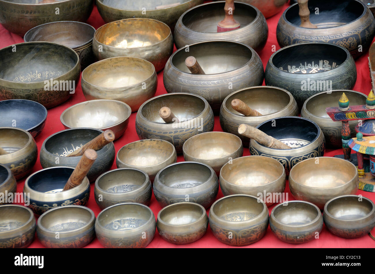 A display of Tibetan singing bowls for sale at .Alchi Gompa, Monastery. Singing bowls are