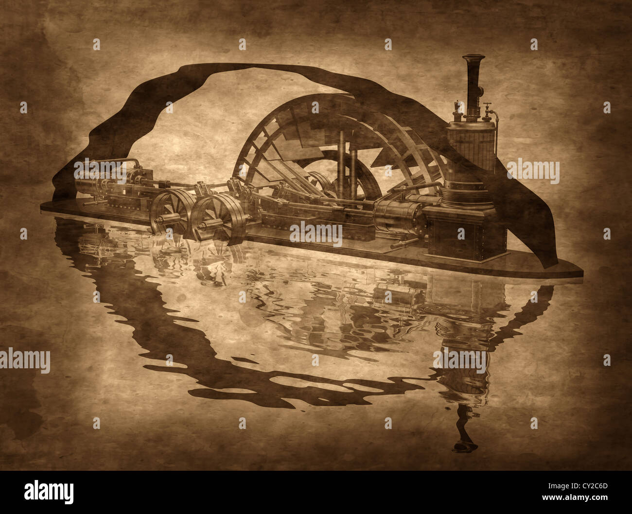 Illustration of a grungy steampunk riverboat on a sepia background Stock Photo