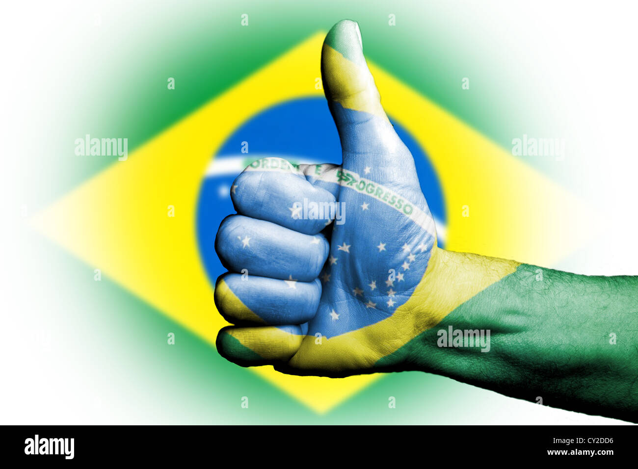 Thumbs up for to Brazil Brazilians, sporting metaphor we are going to win prevail,vote of confidence for country and people. Stock Photo