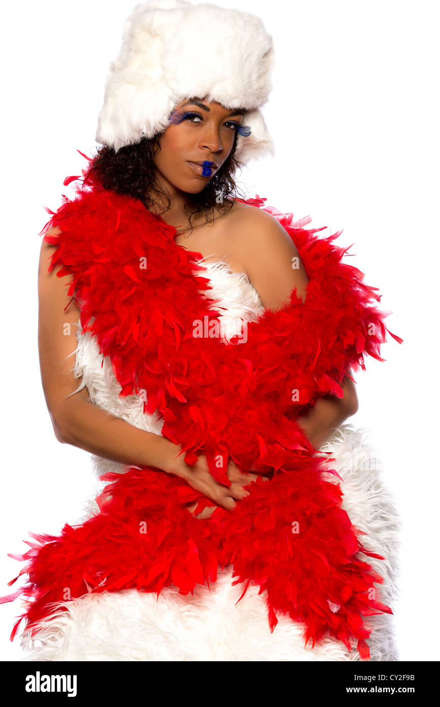 black woman with a white fur hat 