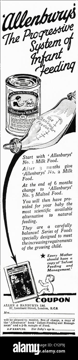 Original 1930s vintage print advertisement from English consumer magazine advertising Allenbury's baby milk food Stock Photo