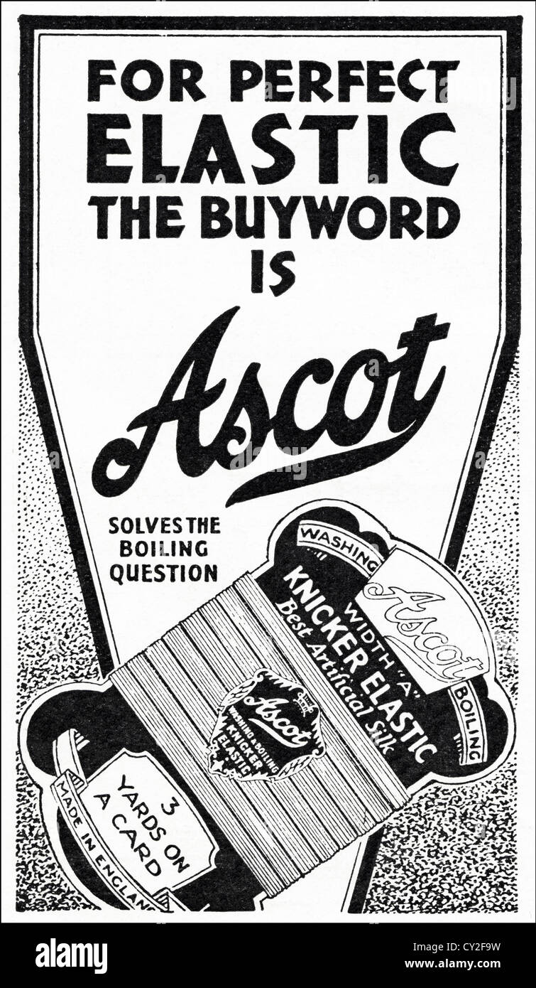 Original 1930s vintage print advertisement from English consumer magazine advertising Ascot knicker elastic Stock Photo