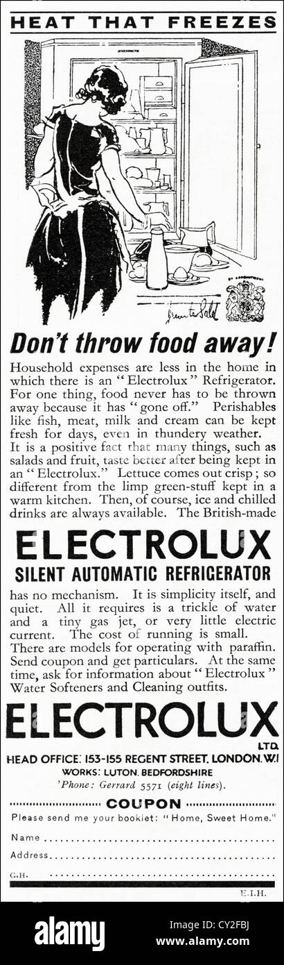 Original 1930s vintage print advertisement from English consumer magazine advertising Electrolux refrigerator Stock Photo