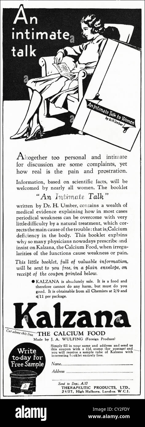 Original 1930s vintage print advertisement from English consumer magazine advertising Kalzana calcium food Stock Photo