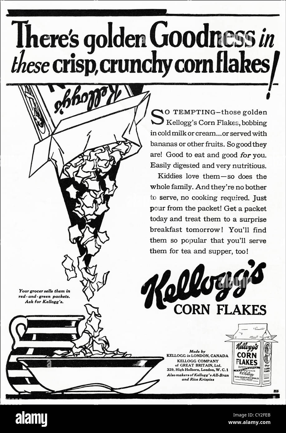 Original 1930s vintage print advertisement from English consumer magazine advertising Kellogg's cornflakes breakfast cereal Stock Photo