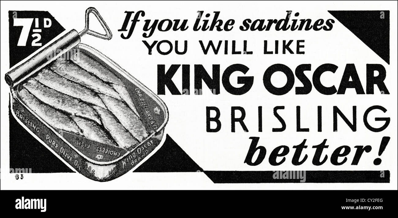 Original 1930s vintage print advertisement from English consumer magazine advertising King Oscar Brisling Stock Photo