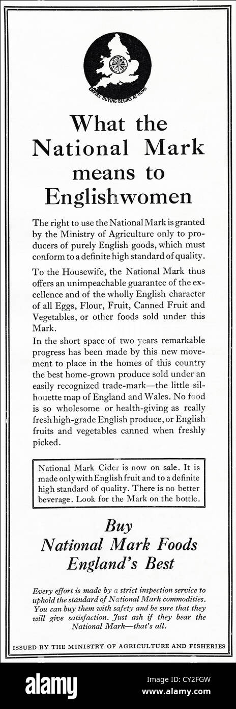 Original 1930s vintage print advertisement from English consumer magazine advertising National Mark Foods Stock Photo