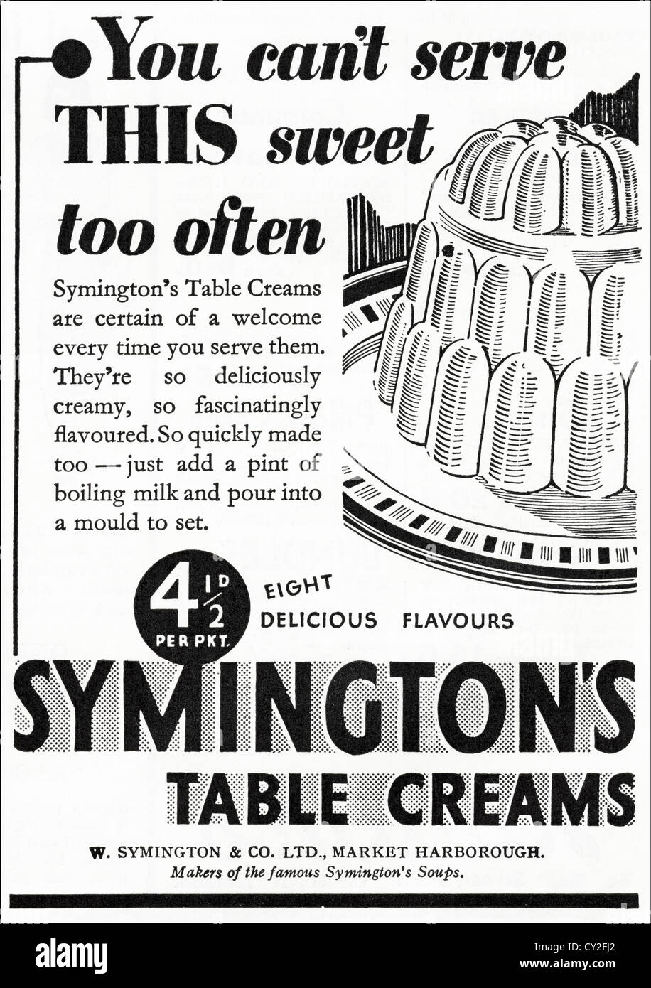Original 1930s vintage print advertisement from English consumer magazine advertising Symington's Table Creams Stock Photo