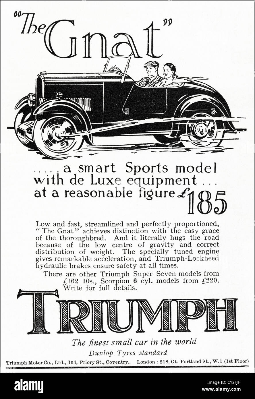 Original 1930s vintage print advertisement from English consumer magazine advertising Triumph Gnat small sports car Stock Photo