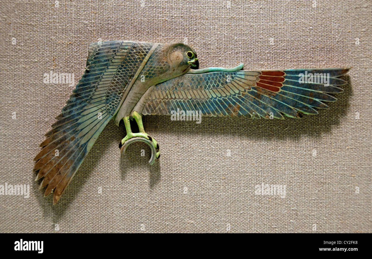 Inlay Depicting a Falcon with Spread Wings Late Ptolemaic 4th century Egypt Hermopolis el Ashmunein Kom Qassum Faience 29 cm Stock Photo