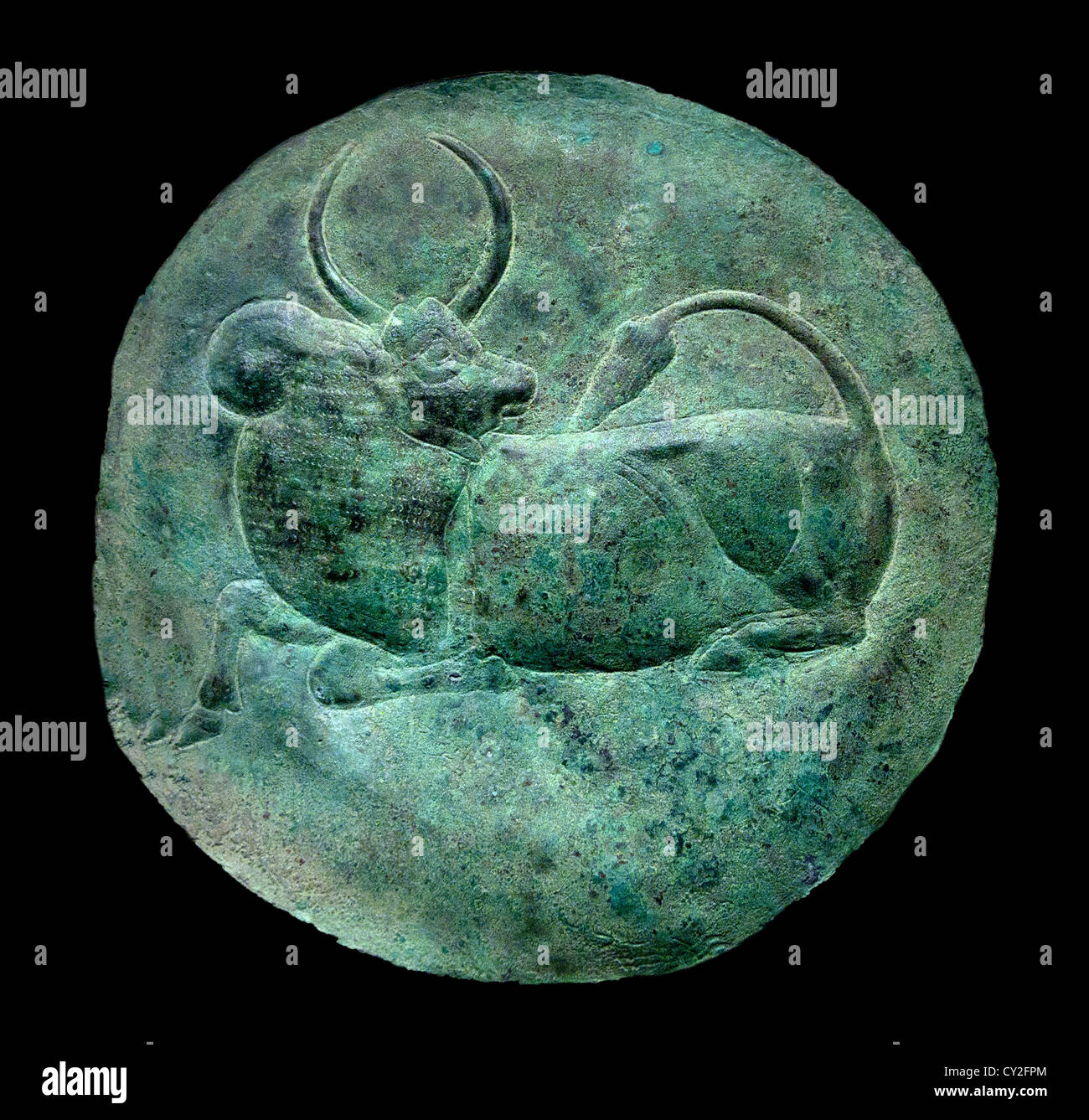 Plate with recling zebu Eastern Iran copper alloy 3rd 2nd Millennium BC Stock Photo