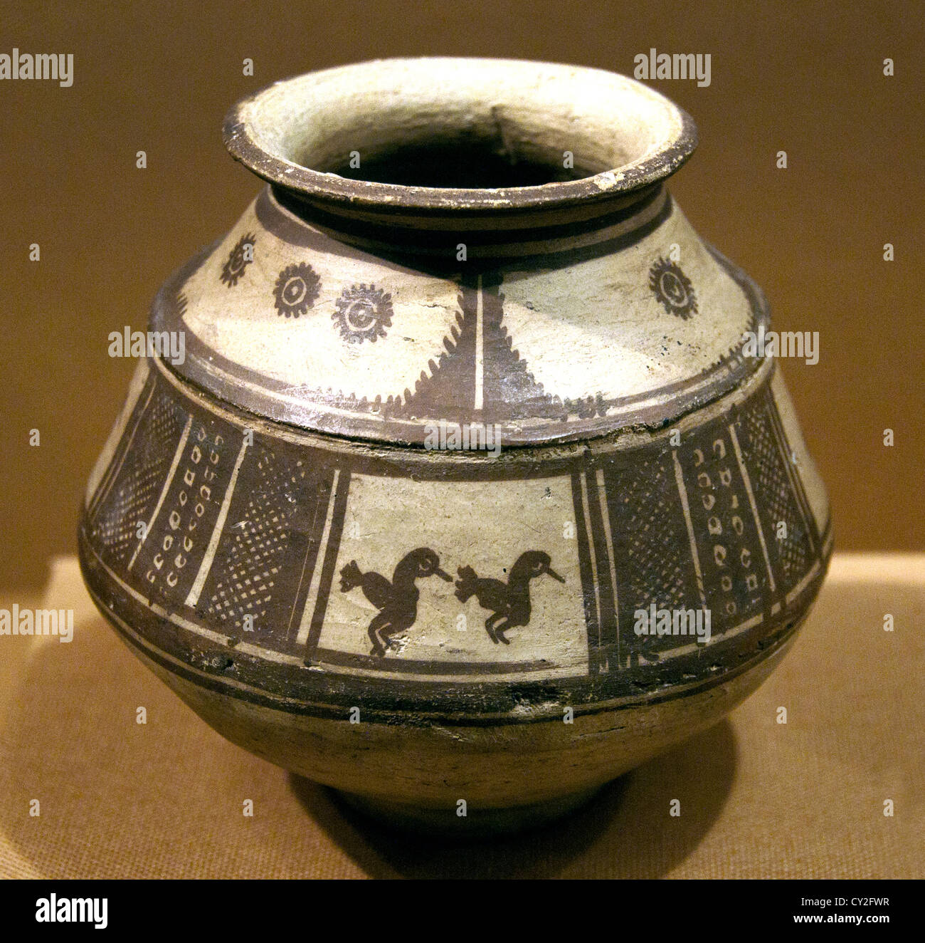 Jar with Paired birds in panels  1600–1400 BC 15 cm  Western Iran Ceramic  Iranian Ceramics Stock Photo