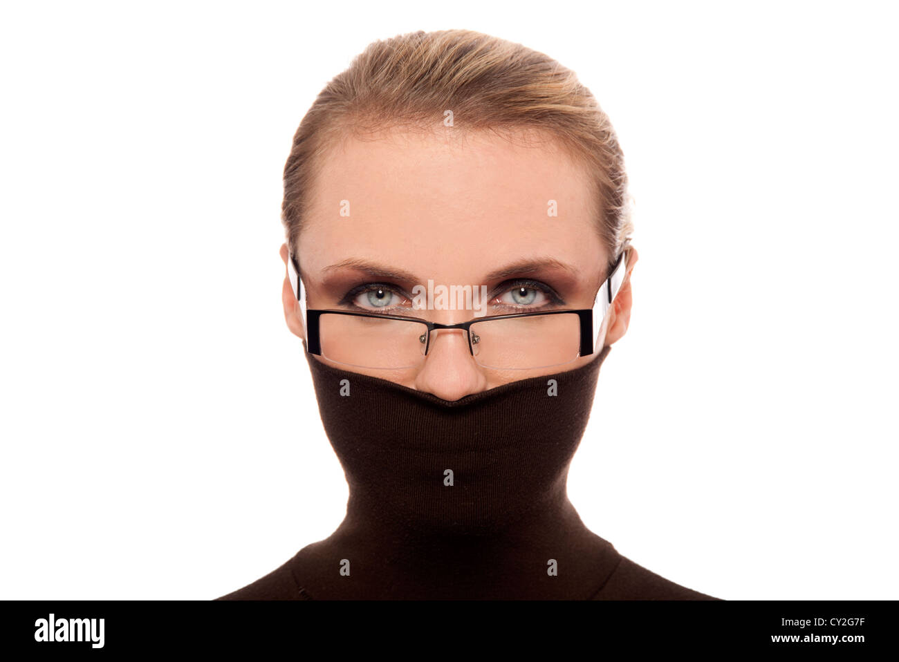 woman hiding her face with black polo neck jumper wearing glasses Stock ...