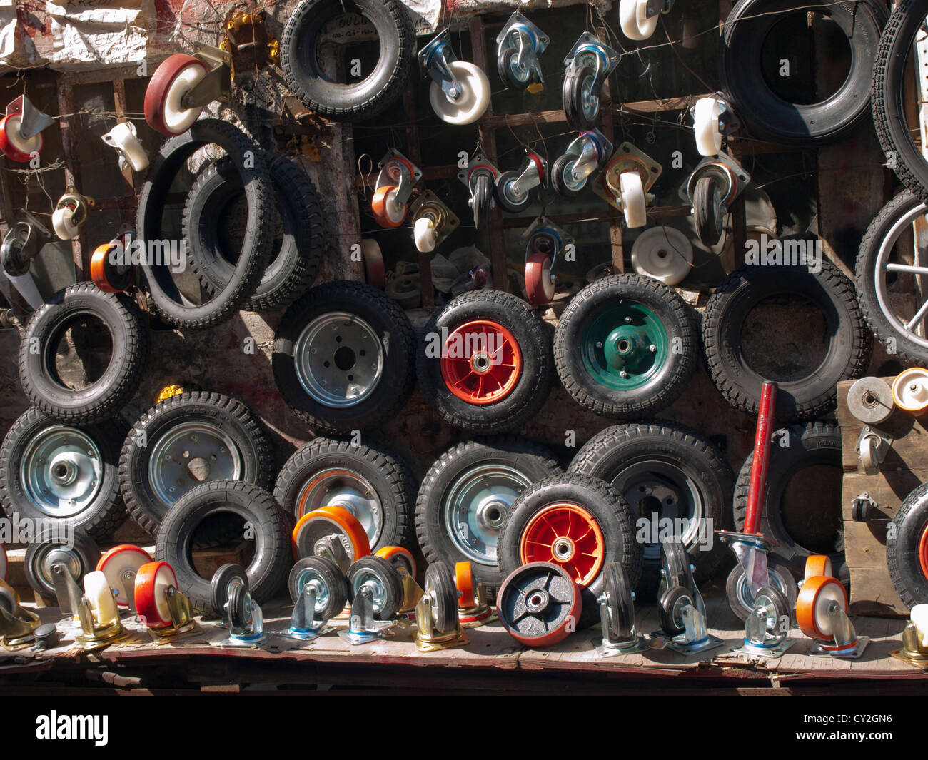 Wheels of different sizes and for many uses in shop in Karakoy Istanbul