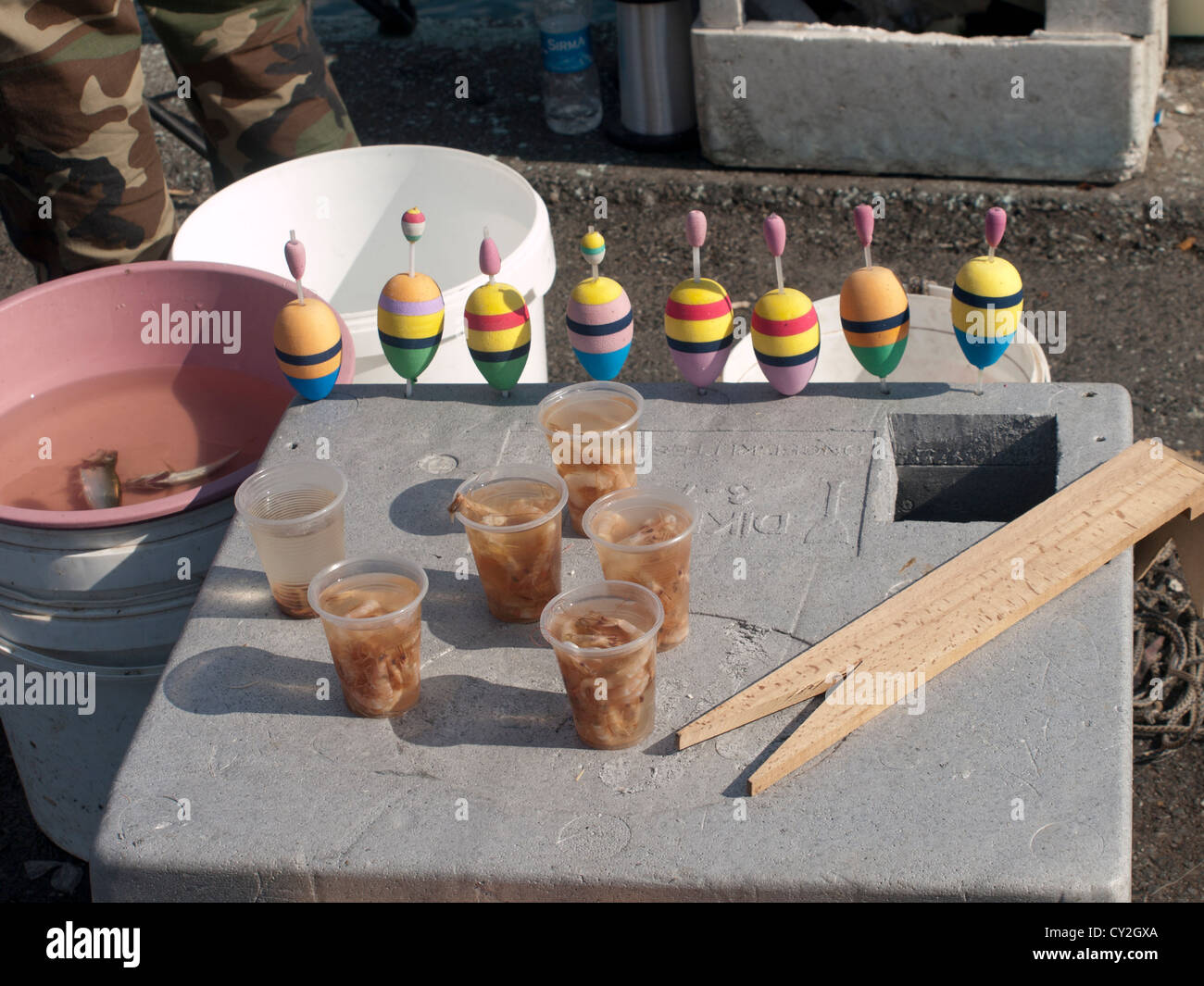 Fishing gear and bait sold at the Galata bridge in Istanbul Turkey