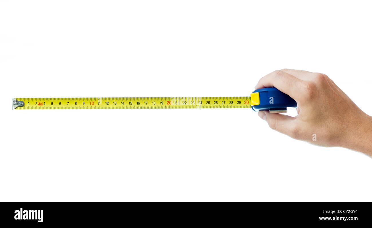 human hand with tape-measure isolated on white Stock Photo