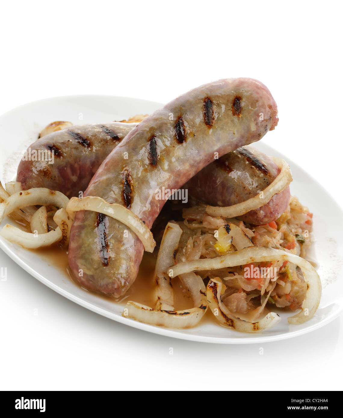 Fried Sausages With Sauerkraut And Onion Stock Photo Alamy