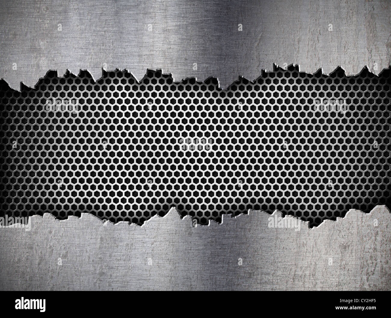 silver hexagon metal grate background in ripped hole Stock Photo