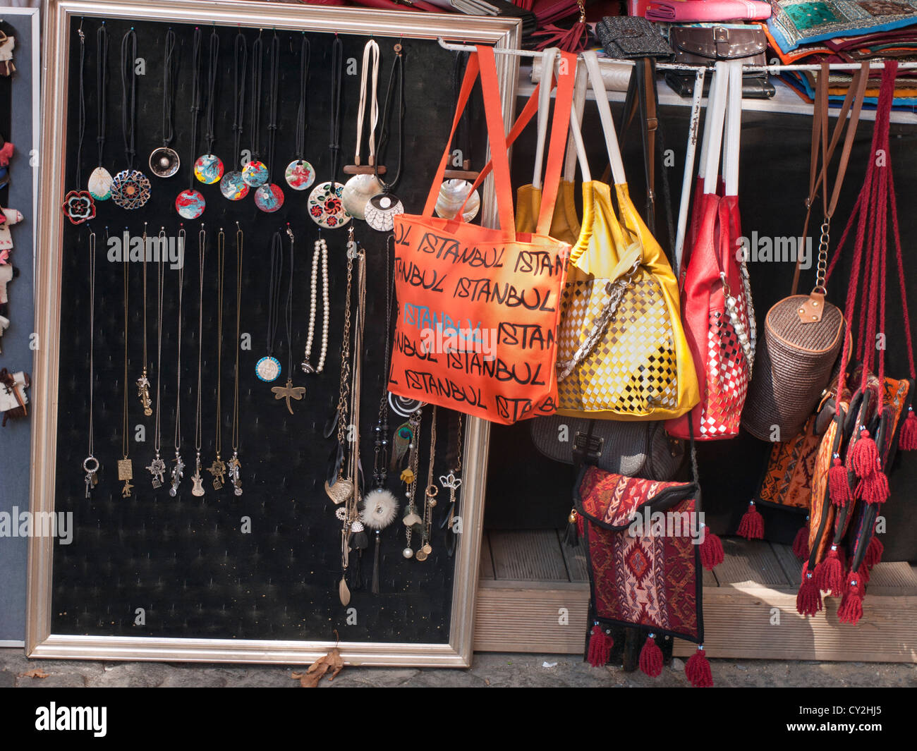 Stand with jewelry and bags with Istanbul and traditional pattern, in a