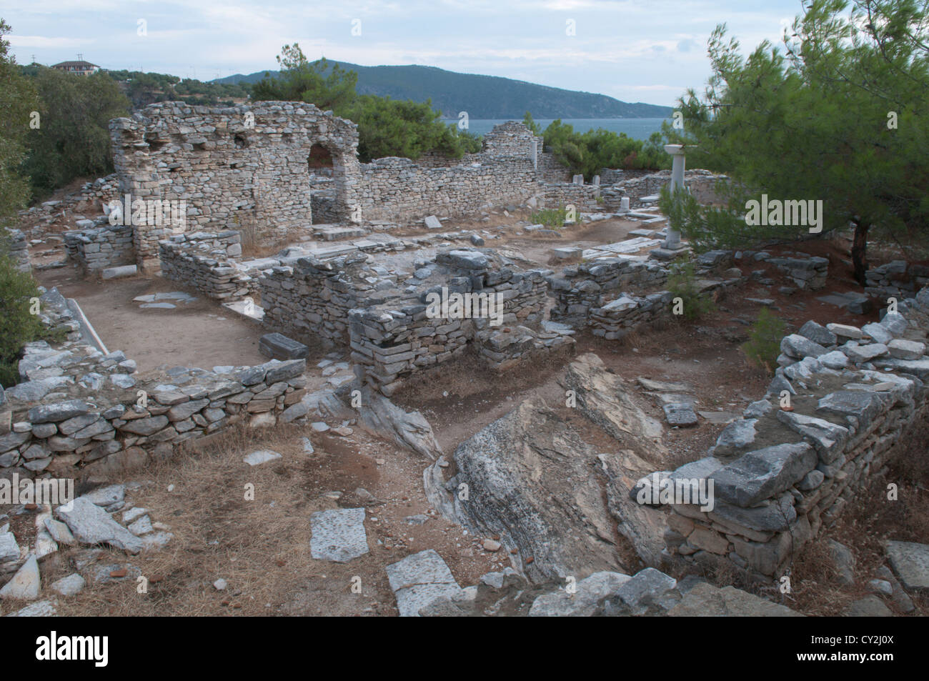 Thassos, Greece. Greek island. September. Ruins of two early Christian basilicas on the penninsula at Alyki or Aliki Stock Photo