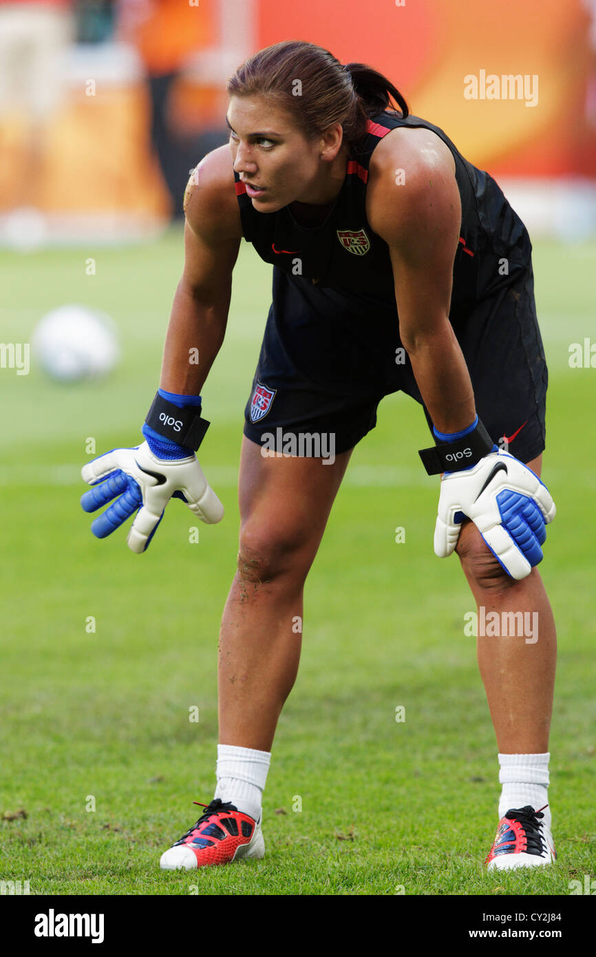 Goalkeeper Hope Solo of the USA warms up before a 2011 FIFA Women's World Cup Group C match against North Korea. Stock Photo