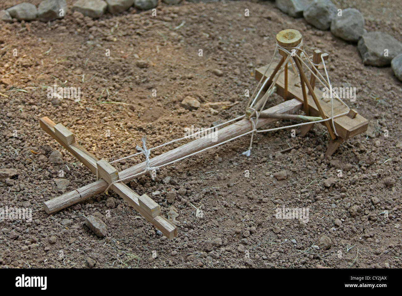 Model of a traditional wooden plough, India Stock Photo