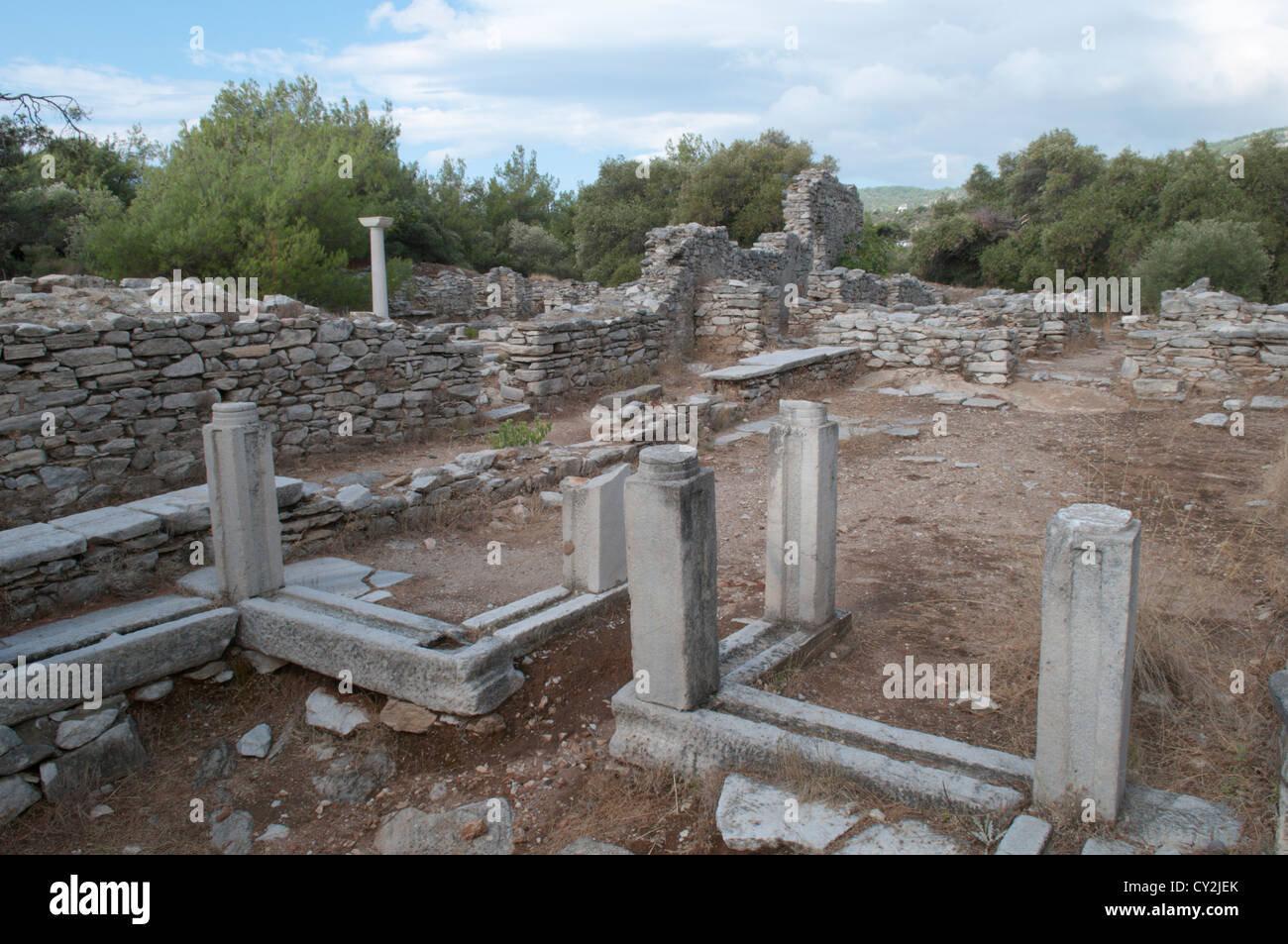 Thassos, Greece. Greek island. September. Ruins of two early Christian basilicas on the penninsula at Alyki or Aliki Stock Photo