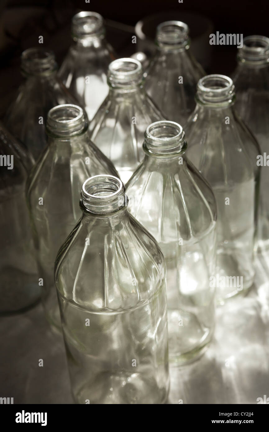 Empty Glass Bottles, Wood's Cider Mill, Springfield, Vermont, USA Stock Photo