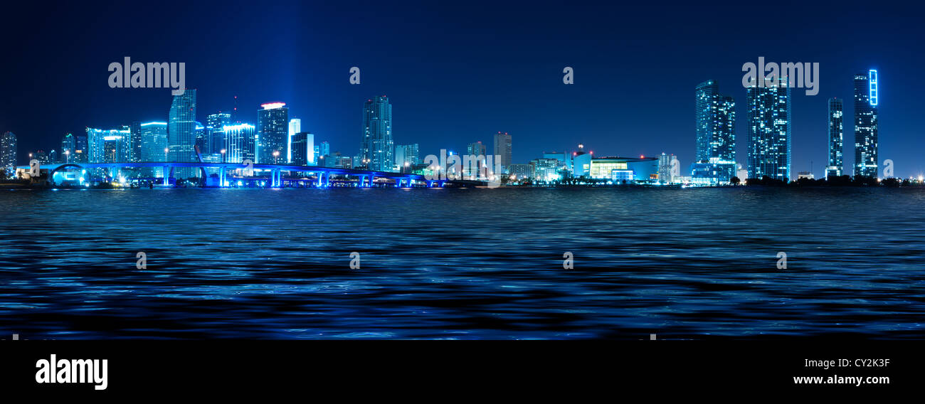Miami skyline night panorama Stock Photo