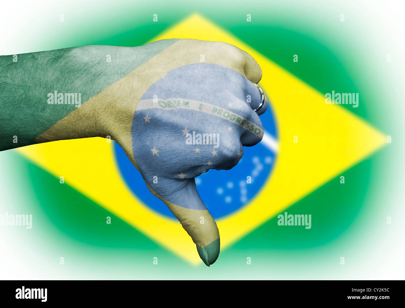 Thumbs down to the Brazilians Brazil, sporting metaphor in rugby football all national sports team and derogatory slur people. Stock Photo