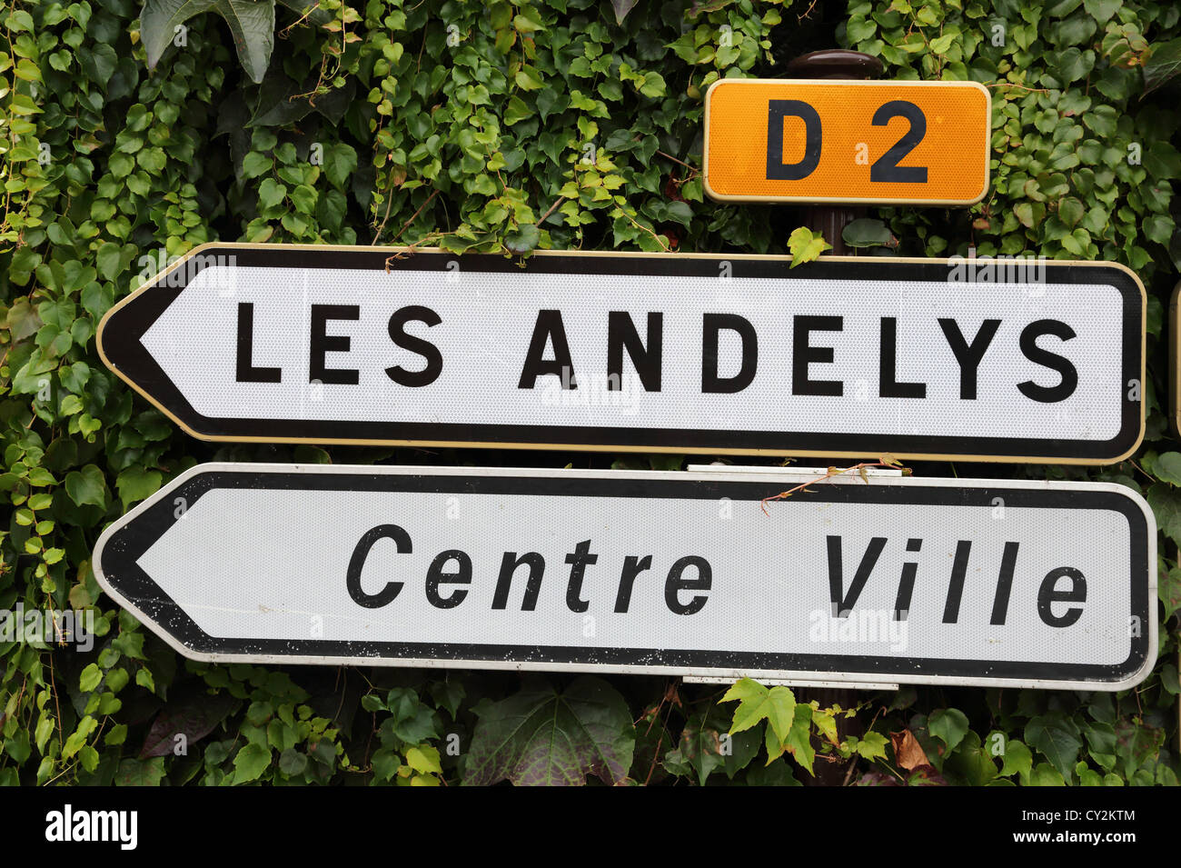 Traffic Signs, Lyons-la-Foret, Normandy, France Stock Photo