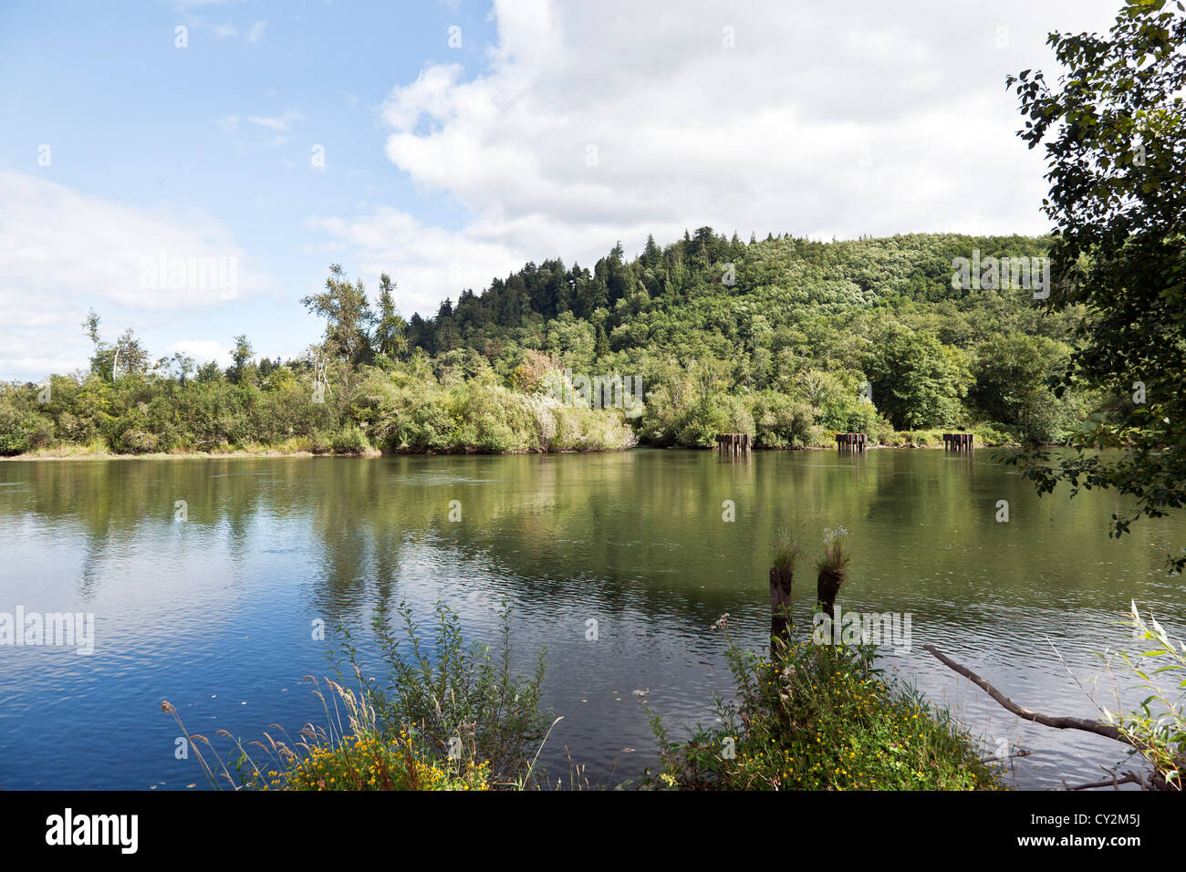 peaceful lazy blue Chehalis River reflecting sky & landscape on late