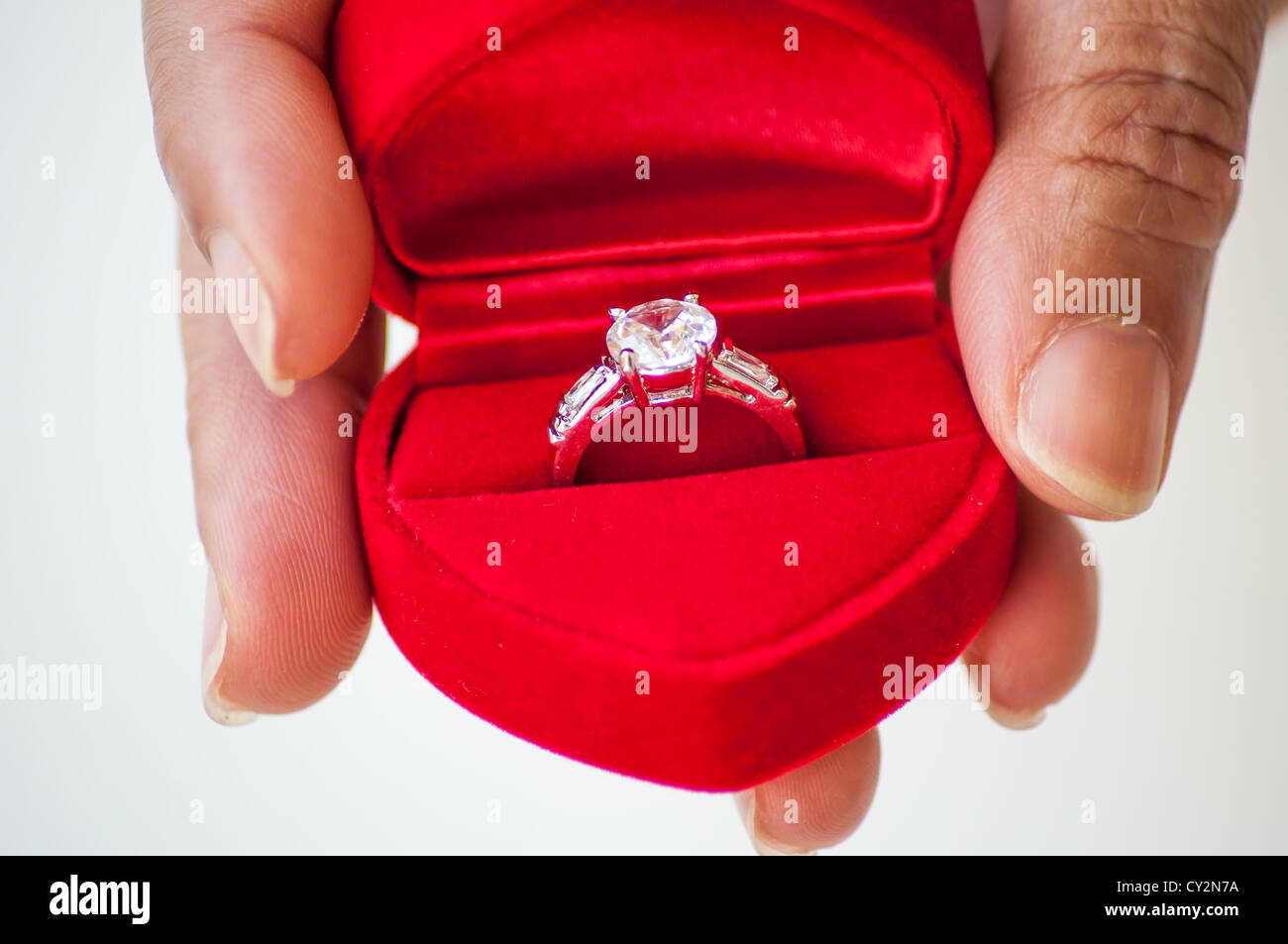 diamond ring in woman hand Stock Photo