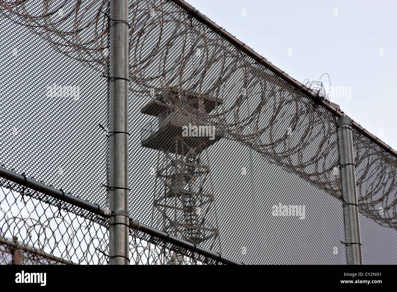 Security fence, guard tower. Stock Photo