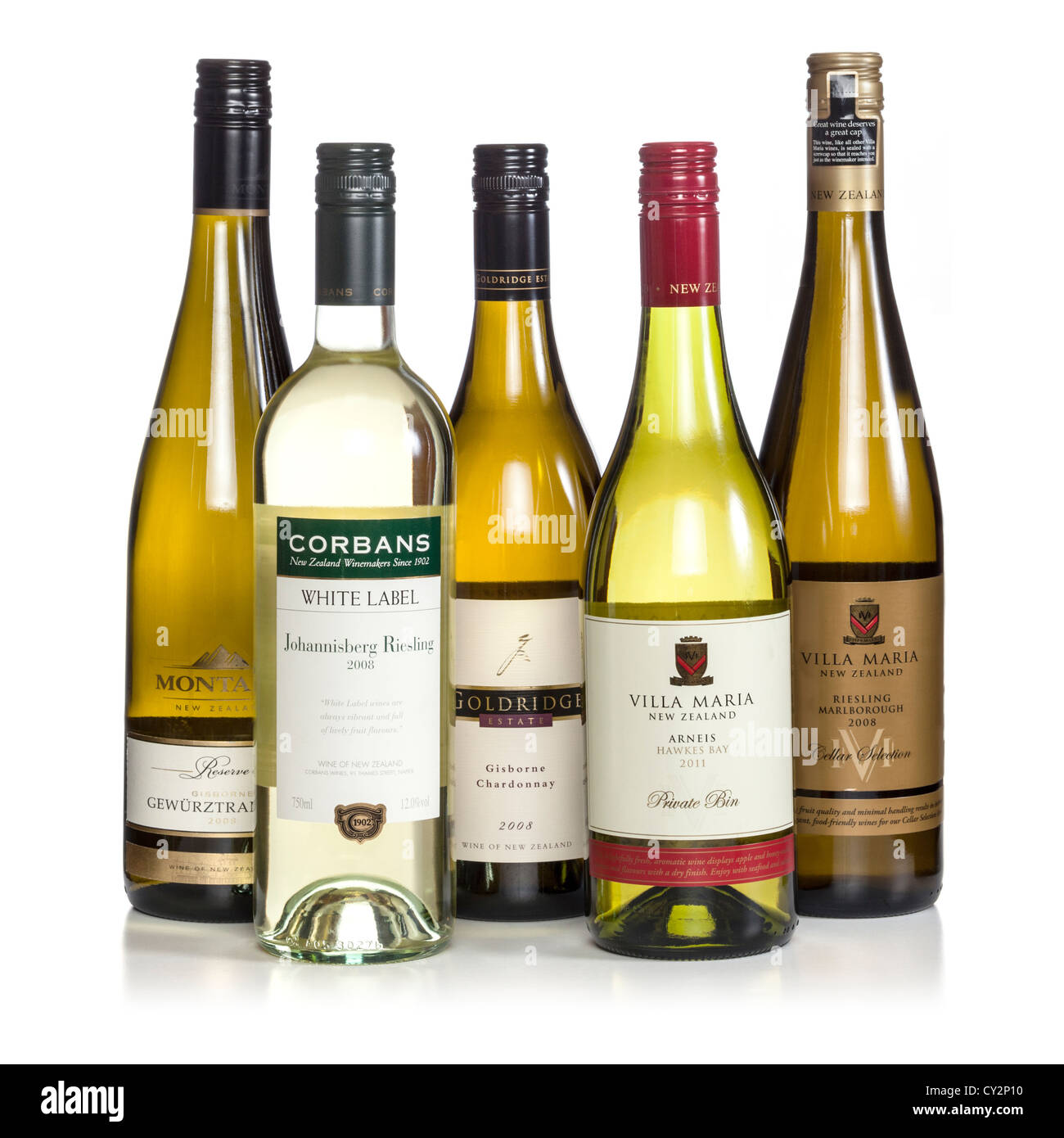 A selection of New Zealand white wines on a white background. Stock Photo
