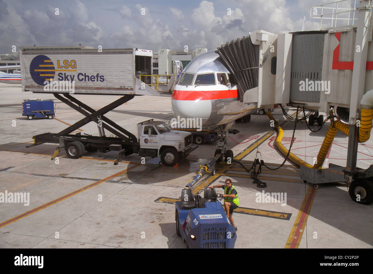 Miami Florida International Airport MIA,gate,tarmac,American Airlines,servicing,fueling,FL120816021 Stock Photo