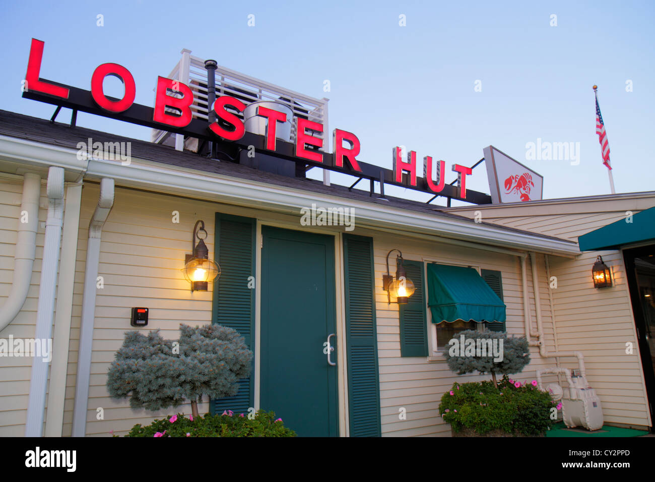 Massachusetts Plymouth,Water Street,Town Wharf,Lobster Hut,restaurant restaurants food dining cafe cafes,seafood,entrance,front,sign,MA120816054 Stock Photo
