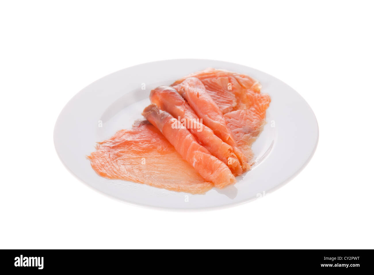 Smoked salmon slices in a dish isolated on white background Stock Photo