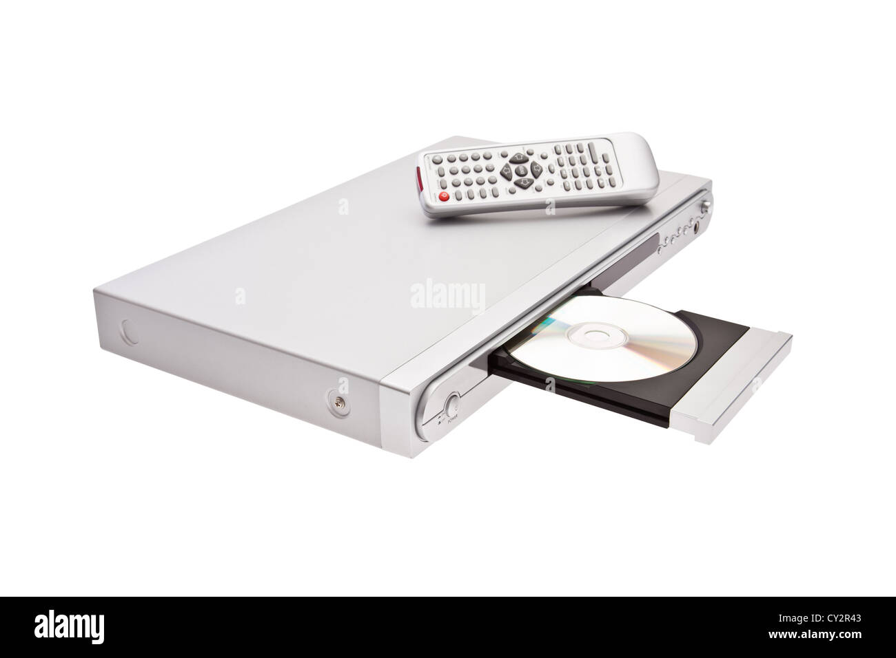 DVD player ejecting disc with remote control isolated on white