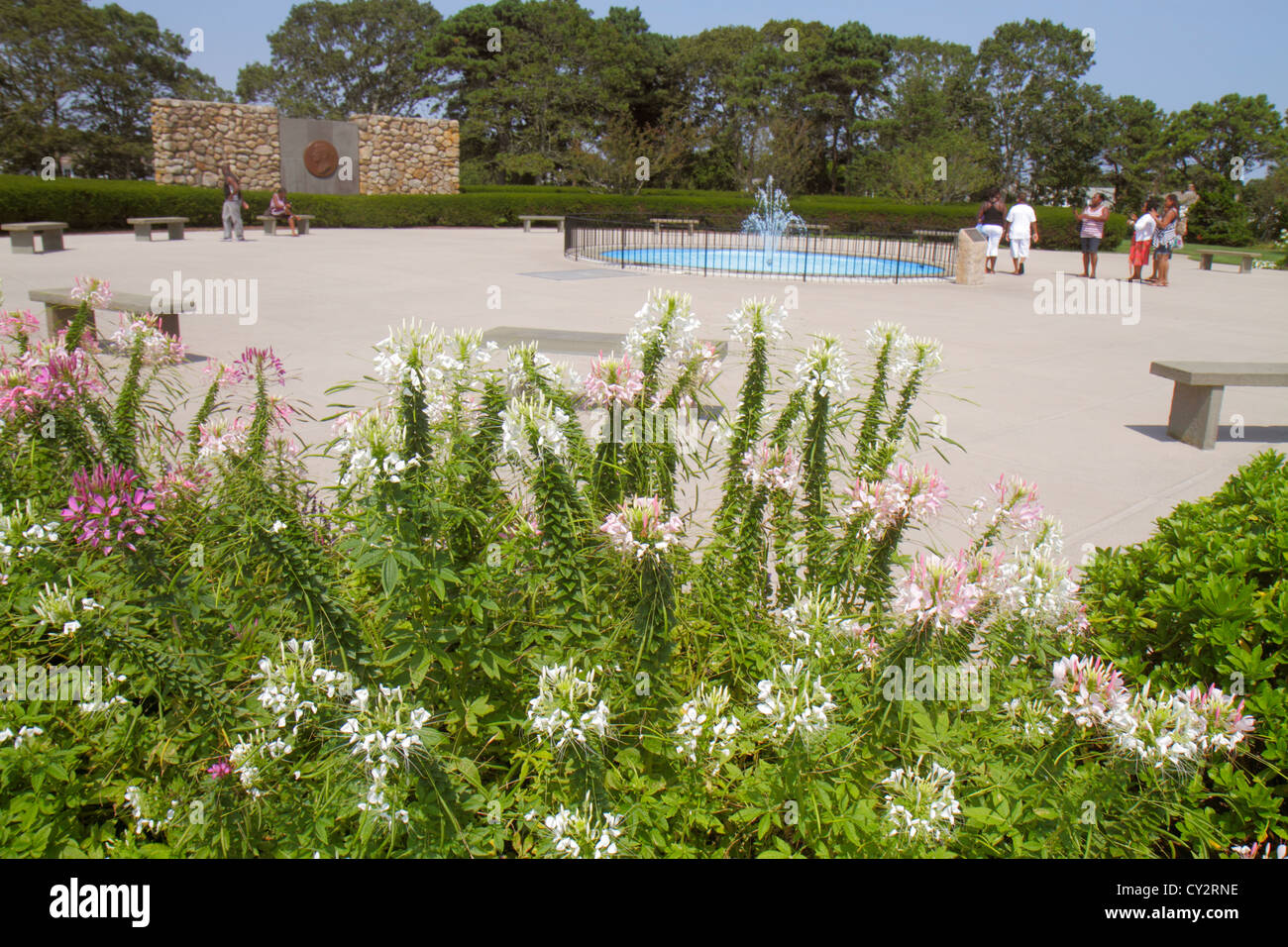 Cape Cod Massachusetts,New England,Hyannis,Veterans Memorial Park,JFK Memorial,John F. Kennedy,president,residents,flower flowers,fountain,w Stock Photo